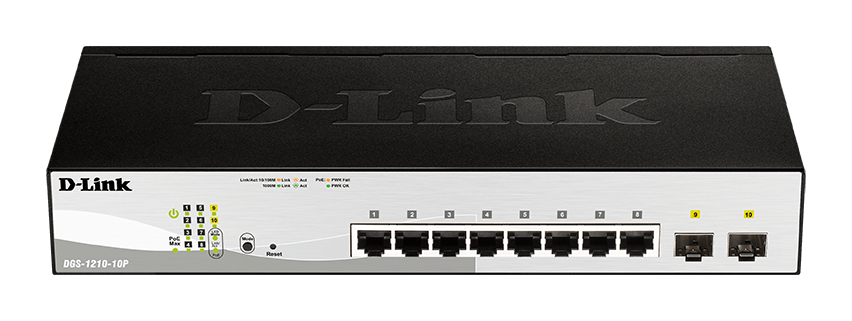 D-Link DGS-1210-10P L2/L3 Smart+ PoE switch, 8x GbE PoE+, 2x SFP, PoE 65W, fanless