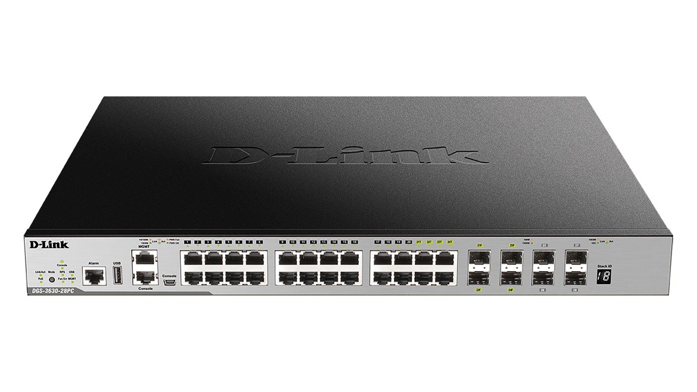 D-Link DGS-3630-28PC/SI 20-port GE PoE 370W Layer 3 Stackable Managed Gigabit Switch including 4-por