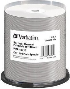 VERBATIM CD-R(100-Pack)Spindle/AZO/52x/700MB/ThermalPrintable No ID Brand