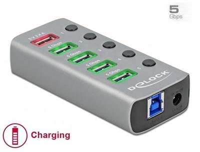 Delock USB 3.2 Gen 1 hub with 4 ports + 1 fast charging port with switch and lighting