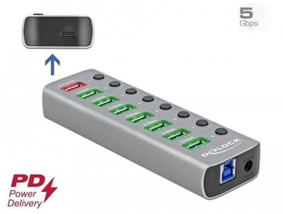 Delock USB 3.2 Gen 1 hub with 7 ports + 1 fast charging port + 1 USB-C port ™ PD 3.0 with