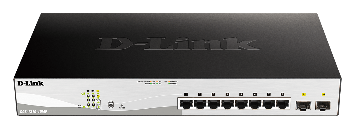 D-Link DGS-1210-10MP L2/L3 Smart+ PoE switch, 8x GbE PoE+, 2x SFP, PoE 130W, fanless