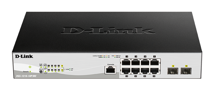 D-Link DGS-1210-10P/ME 8-Port 10/100/1000BASE-T PoE + 2-Port 1 Gbps SFP Metro Ethernet Managed Switc