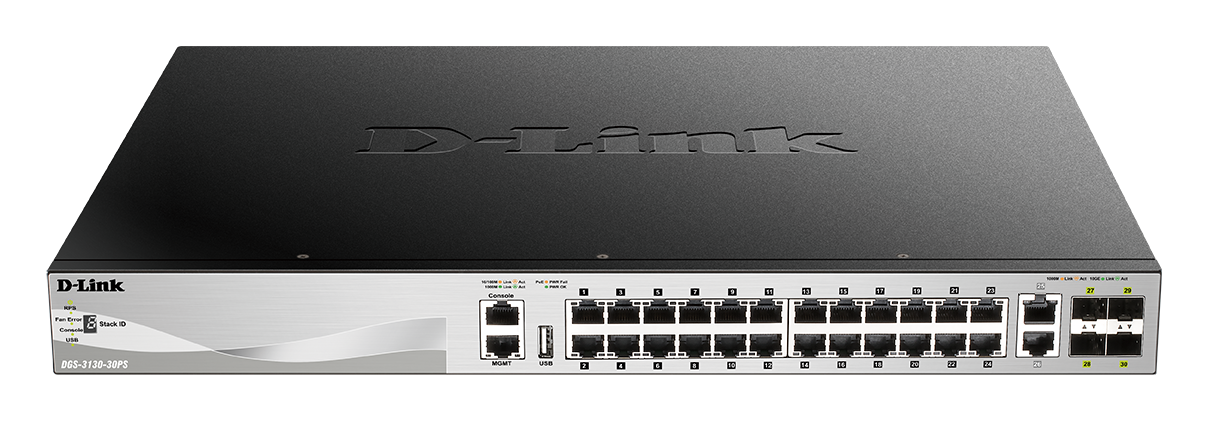 D-Link DGS-3130-30PS L3 Stackable Managed PoE switch, 24x GbE PoE+, 2x 10G RJ-45, 4x 10G SFP+, PoE 3