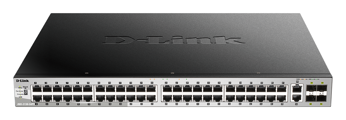 D-Link DGS-3130-54PS L3 Stackable Managed PoE switch, 48x GbE PoE+, 2x 10G RJ-45, 4x 10G SFP+, PoE 3