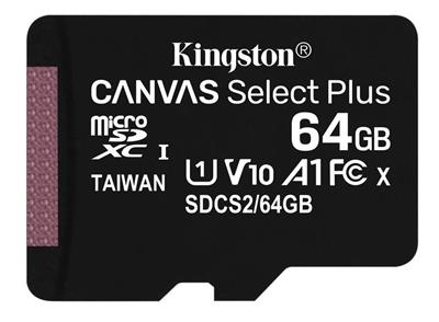 KINGSTON 64GB microSDHC CANVAS Plus Memory Card 100MB read - UHS-I class 10 Gen 3 - without adapter