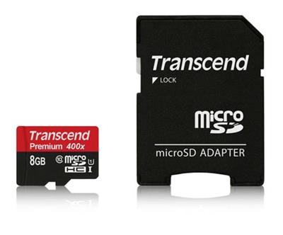 Transcend 8GB microSDHC UHS-I 400x Premium (Class 10) memory card (with adapter)