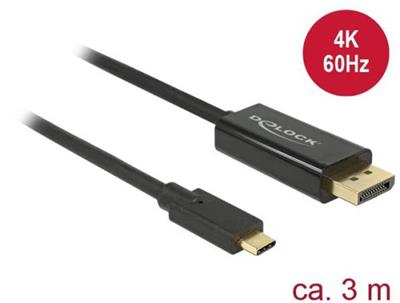 Delock Cable USB Type-C™ male > Displayport male (DP Alt Mode) 4K 60 Hz 3 m black